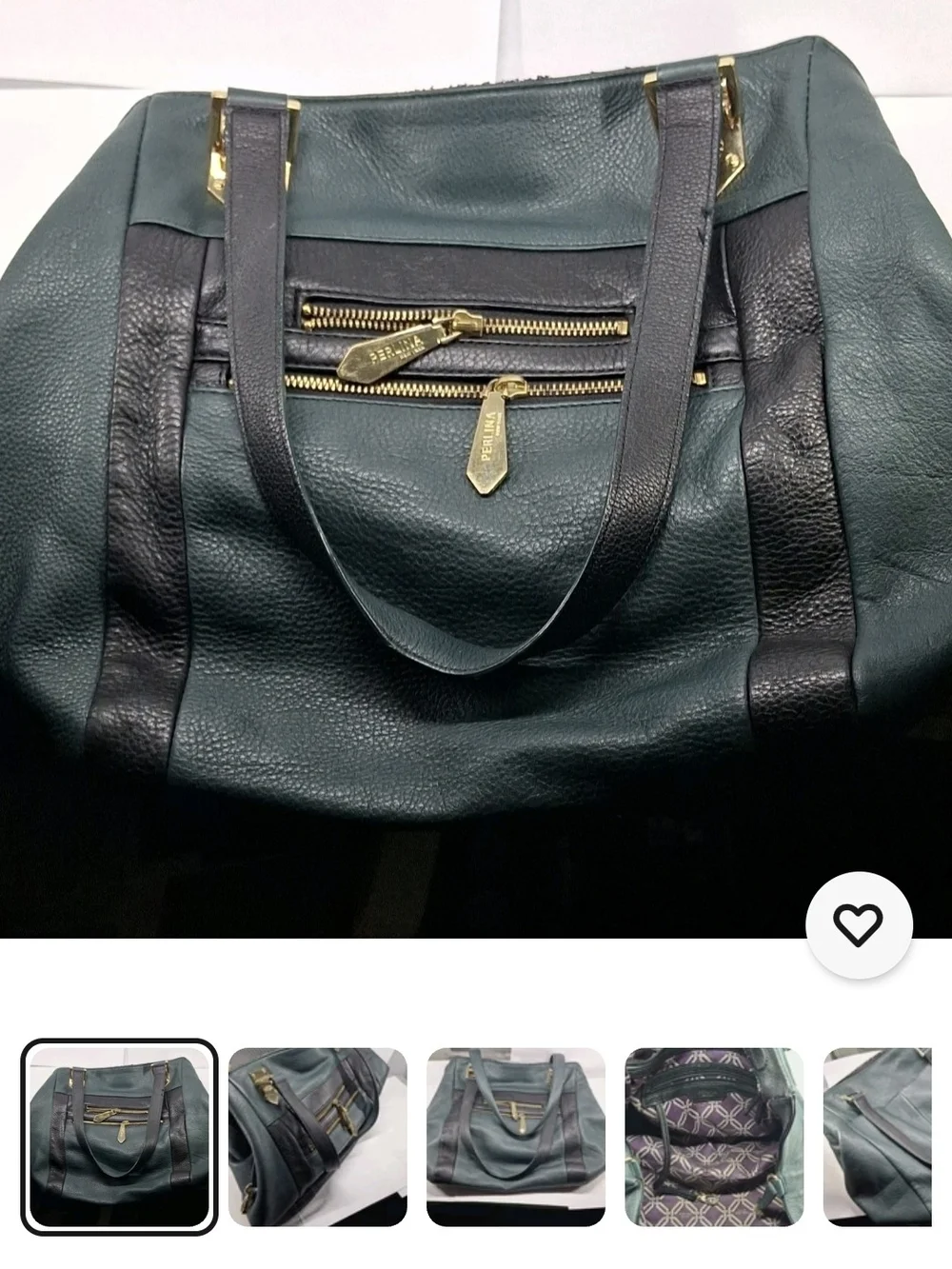Perlini Italy...Green/Black Pebbled Satchel with Detachable Strap. Leather..